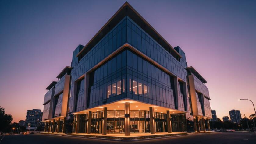 A breathtaking, wide-angle "epic moment" photograph showcasing the vibrant, modern facade of a contemporary building in Doncaster East at twilight, with dramatic professional lighting highlighting its unique geometric lines and reflecting the last golden rays of the sun, embodying Doncaster East architectural gems photography.