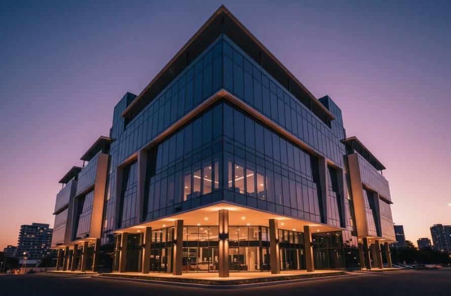 A breathtaking, wide-angle "epic moment" photograph showcasing the vibrant, modern facade of a contemporary building in Doncaster East at twilight, with dramatic professional lighting highlighting its unique geometric lines and reflecting the last golden rays of the sun, embodying Doncaster East architectural gems photography.