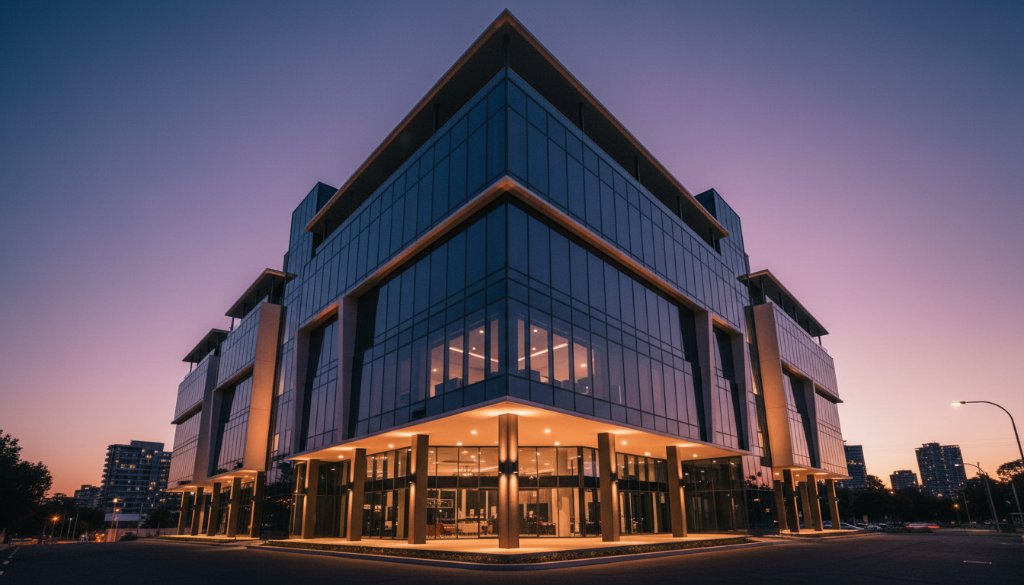 A breathtaking, wide-angle "epic moment" photograph showcasing the vibrant, modern facade of a contemporary building in Doncaster East at twilight, with dramatic professional lighting highlighting its unique geometric lines and reflecting the last golden rays of the sun, embodying Doncaster East architectural gems photography.