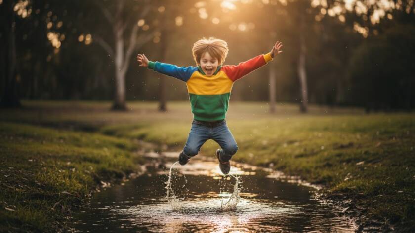 An epic moment of pure joy captured during Doncaster East candid kids photography adventures, showing a child laughing while running through park sprinklers at Ruffey Lake Park, golden hour light, professional photography.