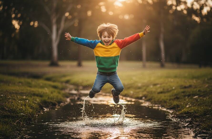 An epic moment of pure joy captured during Doncaster East candid kids photography adventures, showing a child laughing while running through park sprinklers at Ruffey Lake Park, golden hour light, professional photography.