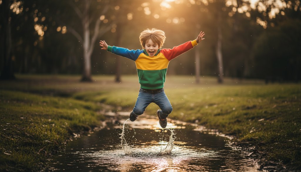 An epic moment of pure joy captured during Doncaster East candid kids photography adventures, showing a child laughing while running through park sprinklers at Ruffey Lake Park, golden hour light, professional photography.