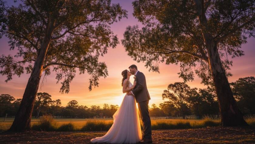 A stunning, wide-angle shot of a newlywed couple's joyful embrace during their Doncaster East candid wedding photography captures session, with golden hour light filtering through eucalyptus trees at Ruffey Lake Park, showcasing their genuine connection in an epic moment.