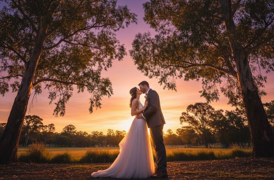 A stunning, wide-angle shot of a newlywed couple's joyful embrace during their Doncaster East candid wedding photography captures session, with golden hour light filtering through eucalyptus trees at Ruffey Lake Park, showcasing their genuine connection in an epic moment.