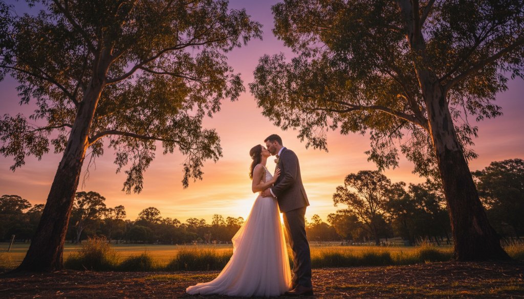 A stunning, wide-angle shot of a newlywed couple's joyful embrace during their Doncaster East candid wedding photography captures session, with golden hour light filtering through eucalyptus trees at Ruffey Lake Park, showcasing their genuine connection in an epic moment.
