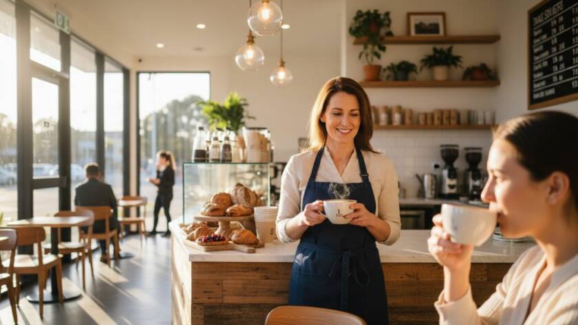 A dynamic, wide-angle shot of a local small business owner in Doncaster East, Victoria, proudly showcasing their artisan products in a beautifully lit, modern cafe setting, captured with professional Doncaster East Commercial Photography for Local Businesses, highlighting quality and community spirit.