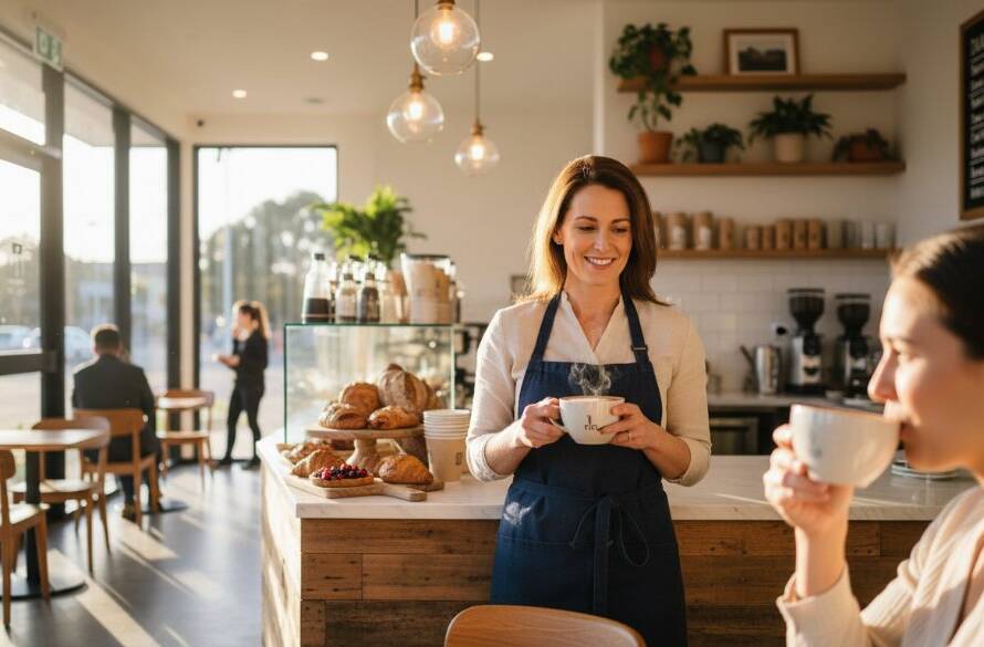 A dynamic, wide-angle shot of a local small business owner in Doncaster East, Victoria, proudly showcasing their artisan products in a beautifully lit, modern cafe setting, captured with professional Doncaster East Commercial Photography for Local Businesses, highlighting quality and community spirit.