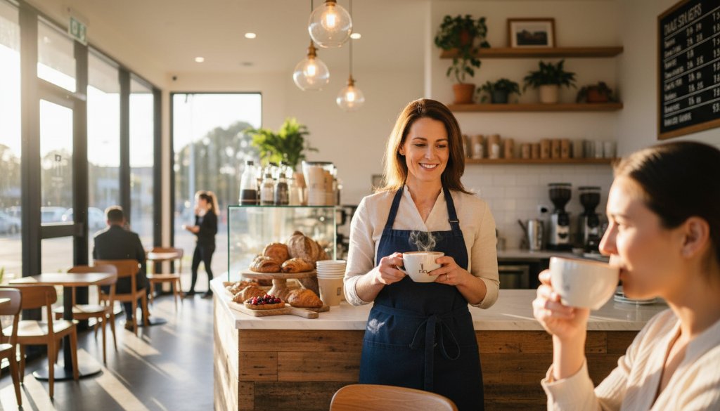 A dynamic, wide-angle shot of a local small business owner in Doncaster East, Victoria, proudly showcasing their artisan products in a beautifully lit, modern cafe setting, captured with professional Doncaster East Commercial Photography for Local Businesses, highlighting quality and community spirit.