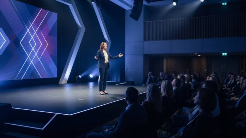 An energetic, wide-angle shot captured by Doncaster East corporate event photography experts, showing a keynote speaker passionately addressing a large, engaged audience in a modern conference hall in Doncaster East, with dramatic spotlighting creating a dynamic, professional atmosphere.