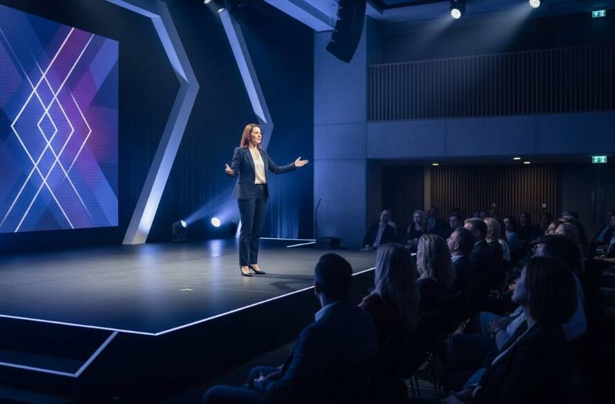 An energetic, wide-angle shot captured by Doncaster East corporate event photography experts, showing a keynote speaker passionately addressing a large, engaged audience in a modern conference hall in Doncaster East, with dramatic spotlighting creating a dynamic, professional atmosphere.