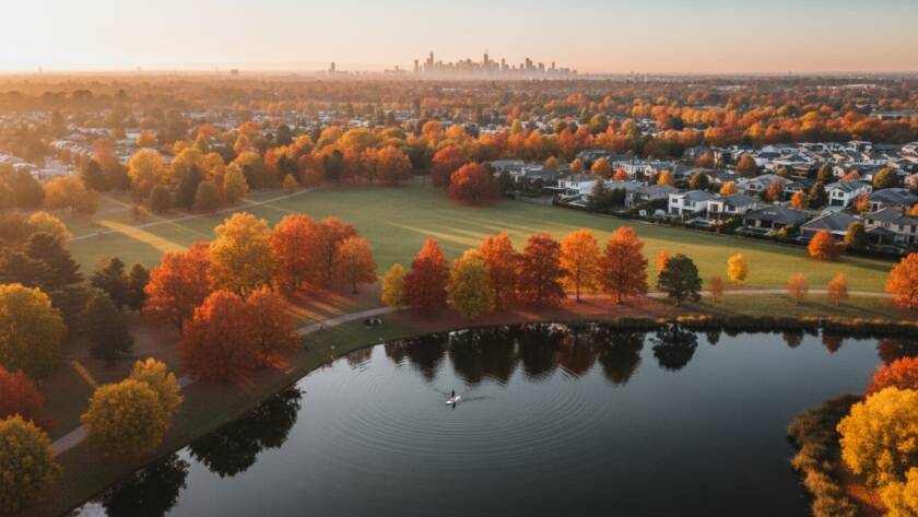 An epic drone shot capturing the stunning Doncaster East skyline at twilight, showcasing modern homes nestled amongst lush parklands with the city lights twinkling in the distance, embodying breathtaking aerial views.