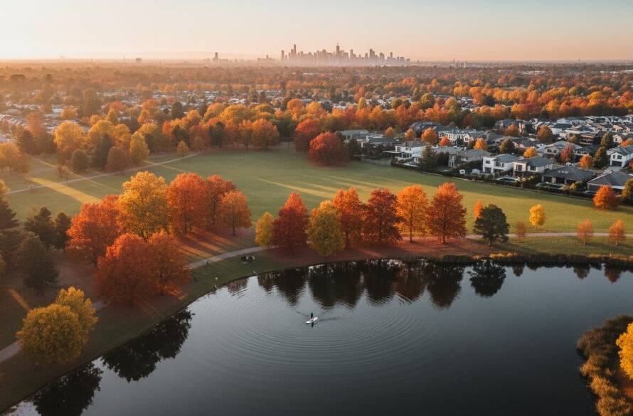 An epic drone shot capturing the stunning Doncaster East skyline at twilight, showcasing modern homes nestled amongst lush parklands with the city lights twinkling in the distance, embodying breathtaking aerial views.
