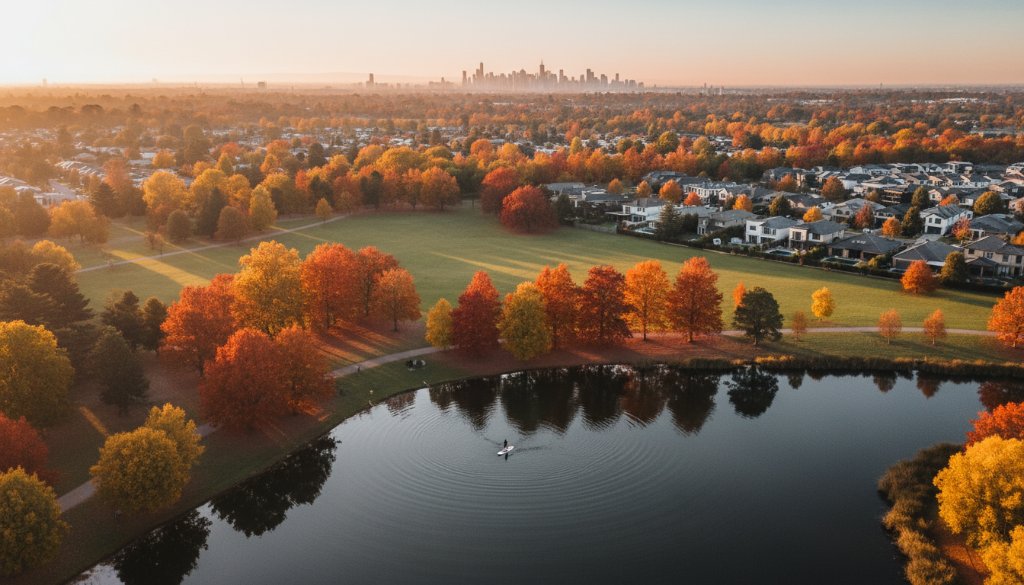 An epic drone shot capturing the stunning Doncaster East skyline at twilight, showcasing modern homes nestled amongst lush parklands with the city lights twinkling in the distance, embodying breathtaking aerial views.