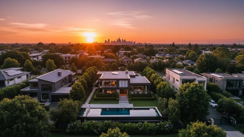 A breathtaking drone shot over Doncaster East showcasing panoramic property views at sunset, highlighting modern homes nestled amongst lush greenery with the Melbourne skyline faintly visible, an epic moment captured by professional drone photography.