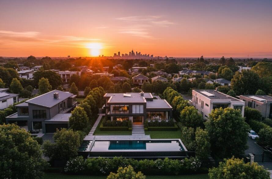 A breathtaking drone shot over Doncaster East showcasing panoramic property views at sunset, highlighting modern homes nestled amongst lush greenery with the Melbourne skyline faintly visible, an epic moment captured by professional drone photography.