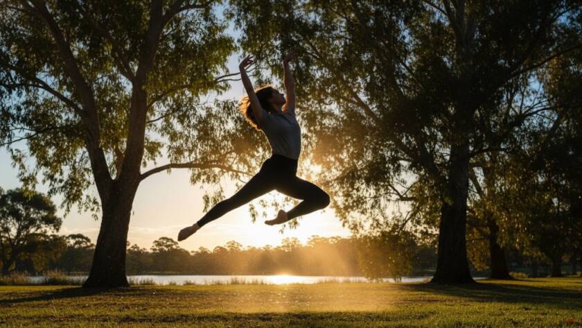 An epic moment captured during Doncaster East dynamic dance photography sessions, featuring a female dancer mid-air in a powerful, graceful leap against a soft-focus urban background with dramatic backlighting.