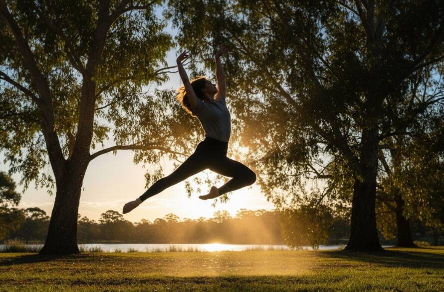 An epic moment captured during Doncaster East dynamic dance photography sessions, featuring a female dancer mid-air in a powerful, graceful leap against a soft-focus urban background with dramatic backlighting.