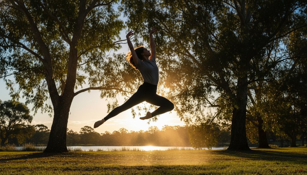 An epic moment captured during Doncaster East dynamic dance photography sessions, featuring a female dancer mid-air in a powerful, graceful leap against a soft-focus urban background with dramatic backlighting.