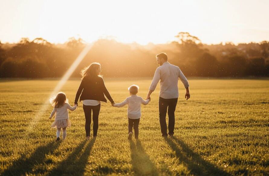 Doncaster East family photography capturing genuine joy, showing a family silhouetted against a golden sunset at Ruffey Lake Park, laughing as they chase bubbles, professionally colour-graded.