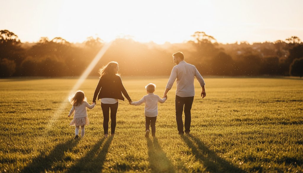 Doncaster East family photography capturing genuine joy, showing a family silhouetted against a golden sunset at Ruffey Lake Park, laughing as they chase bubbles, professionally colour-graded.
