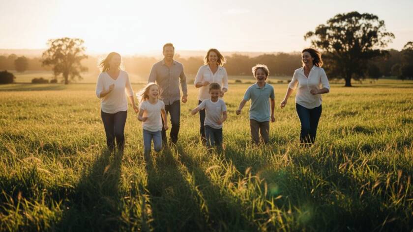 An emotional, wide-angle shot of a family laughing joyfully in a sun-drenched park in Doncaster East, perfectly showcasing Doncaster East Family Photography capturing genuine moments.