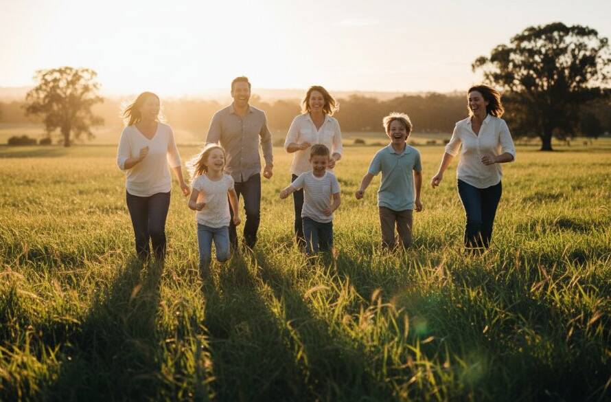 An emotional, wide-angle shot of a family laughing joyfully in a sun-drenched park in Doncaster East, perfectly showcasing Doncaster East Family Photography capturing genuine moments.