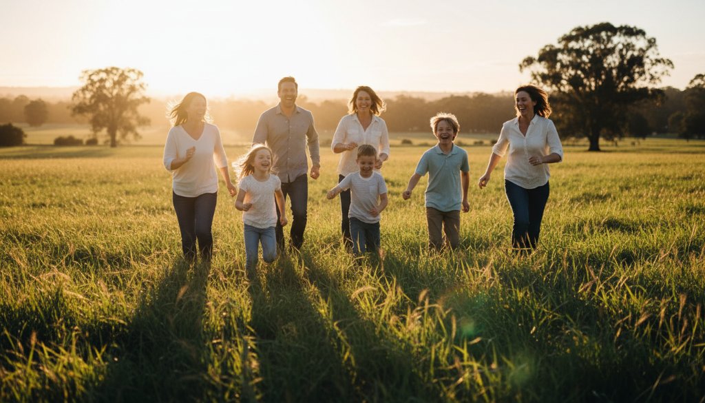 An emotional, wide-angle shot of a family laughing joyfully in a sun-drenched park in Doncaster East, perfectly showcasing Doncaster East Family Photography capturing genuine moments.