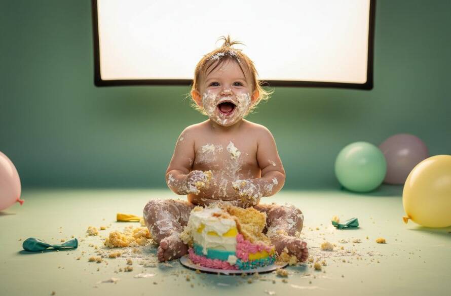 A wide-angle, vibrant photograph capturing the pure Doncaster East first birthday cake smash photography joy of a baby covered in cake, eyes wide with delight, amidst colourful balloons, expertly lit for an epic moment.