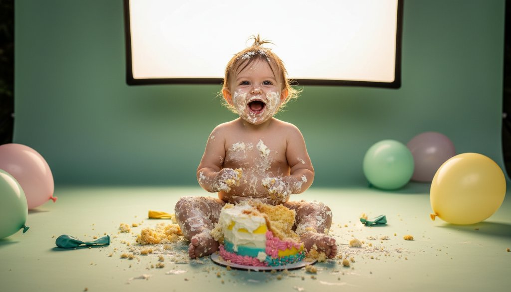 A wide-angle, vibrant photograph capturing the pure Doncaster East first birthday cake smash photography joy of a baby covered in cake, eyes wide with delight, amidst colourful balloons, expertly lit for an epic moment.