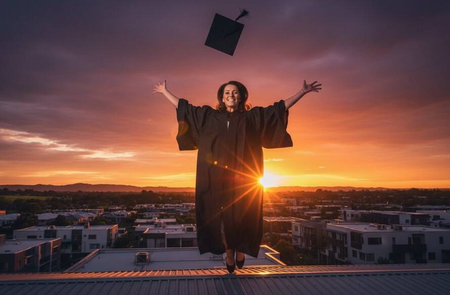 A vibrant outdoor photograph capturing the pure Doncaster East graduation joy professional photography of a beaming graduate in cap and gown, tossing their mortarboard against a dramatic sunset sky over Doncaster East, embodying triumph and future aspirations.