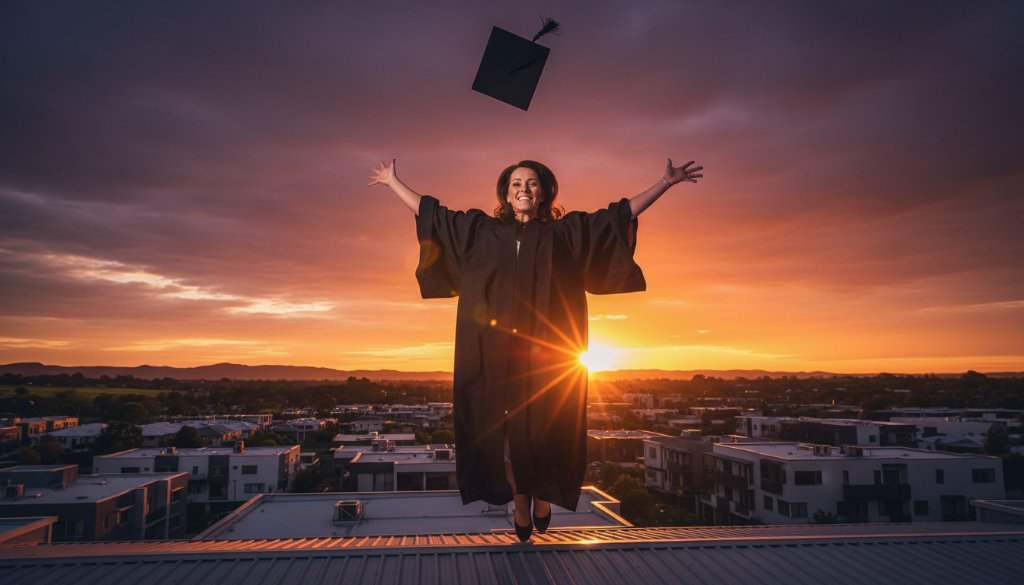 A vibrant outdoor photograph capturing the pure Doncaster East graduation joy professional photography of a beaming graduate in cap and gown, tossing their mortarboard against a dramatic sunset sky over Doncaster East, embodying triumph and future aspirations.