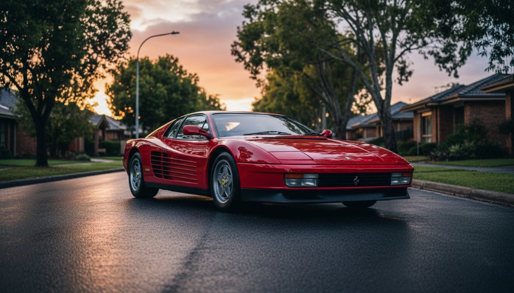 A sleek, black vintage muscle car, gleaming under dramatic sunset light in a quiet, leafy street of Doncaster East, perfectly showcasing a Doncaster East Luxury Car Photography Sessions result with professional colour grading and a low-angle, dynamic composition.