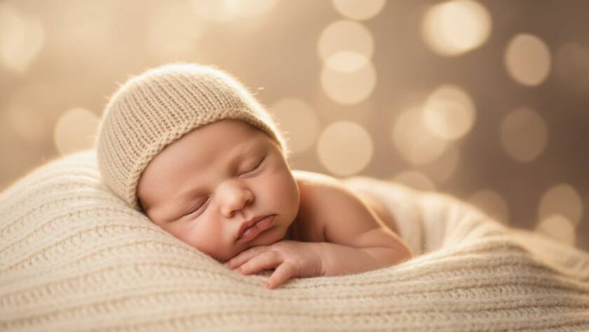 An intimate, cinematic shot of a peaceful newborn baby swaddled in soft fabrics, gently held in a parent's hands, bathed in a soft golden glow inside a professional Doncaster East newborn photography studio experience, capturing a tender, epic moment.