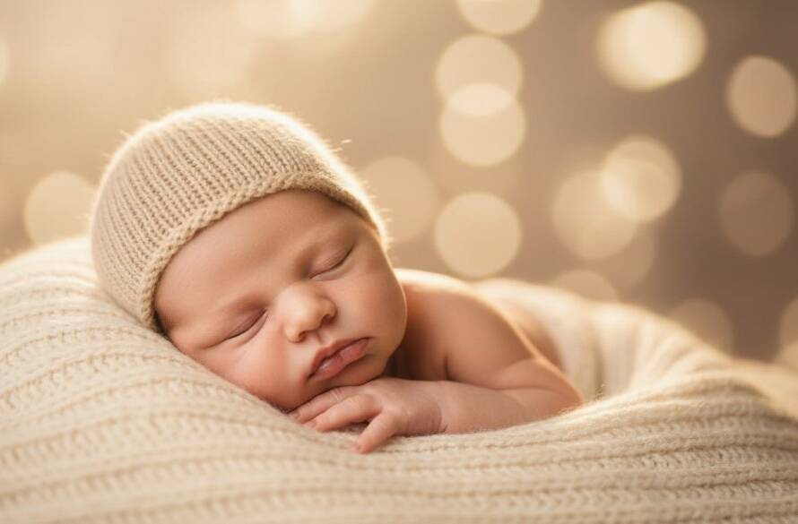 An intimate, cinematic shot of a peaceful newborn baby swaddled in soft fabrics, gently held in a parent's hands, bathed in a soft golden glow inside a professional Doncaster East newborn photography studio experience, capturing a tender, epic moment.