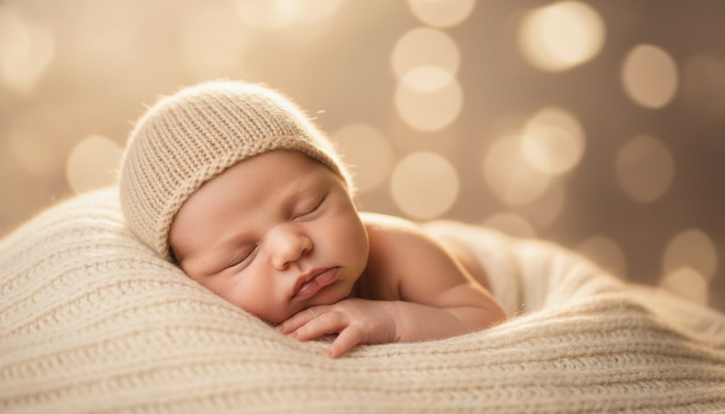 An intimate, cinematic shot of a peaceful newborn baby swaddled in soft fabrics, gently held in a parent's hands, bathed in a soft golden glow inside a professional Doncaster East newborn photography studio experience, capturing a tender, epic moment.