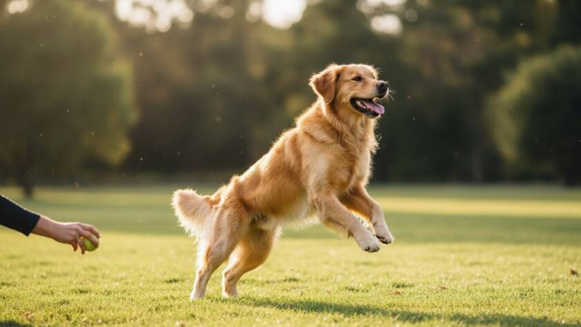 An epic moment captured through Doncaster East pet photography, showing a golden retriever mid-leap, joyfully playing fetch with its owner in a sun-dappled park in Doncaster East, professional golden hour lighting.
