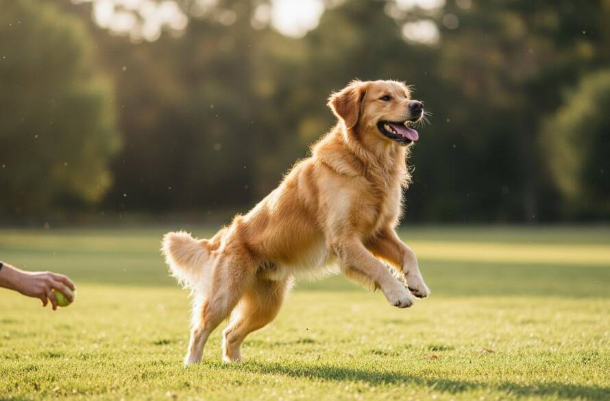 An epic moment captured through Doncaster East pet photography, showing a golden retriever mid-leap, joyfully playing fetch with its owner in a sun-dappled park in Doncaster East, professional golden hour lighting.