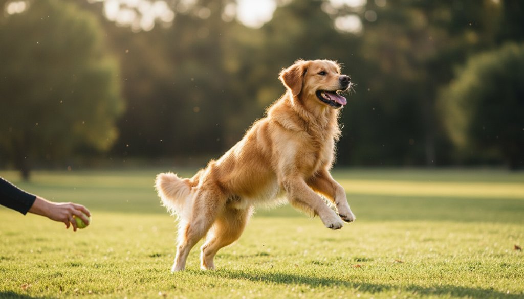 An epic moment captured through Doncaster East pet photography, showing a golden retriever mid-leap, joyfully playing fetch with its owner in a sun-dappled park in Doncaster East, professional golden hour lighting.