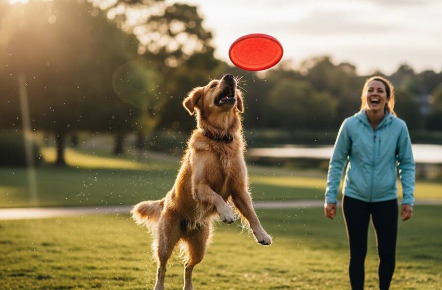 A heartwarming portrait of a golden retriever and its owner sharing a tender moment amidst the natural light of Ruffey Lake Park, epitomizing Doncaster East pet photography memorable paw prints.