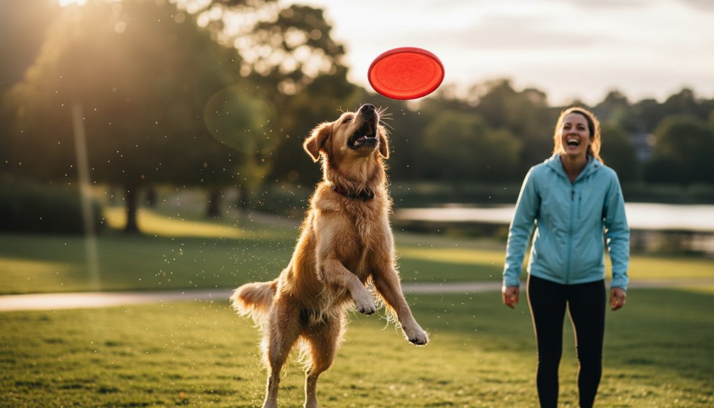 A heartwarming portrait of a golden retriever and its owner sharing a tender moment amidst the natural light of Ruffey Lake Park, epitomizing Doncaster East pet photography memorable paw prints.