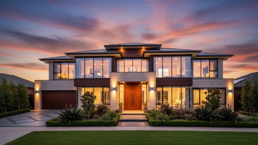 An epic, cinematic wide-angle photograph capturing the beautifully lit facade of a modern, multi-story family home in Doncaster East at twilight, showcasing its manicured garden and inviting glow, expertly highlighted by Doncaster East Premium Property Photography Services.