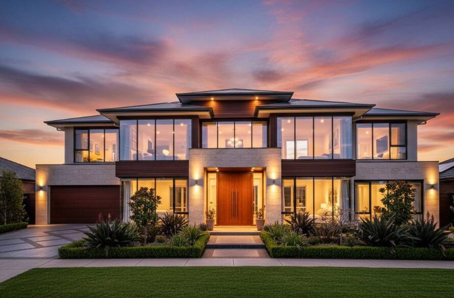 An epic, cinematic wide-angle photograph capturing the beautifully lit facade of a modern, multi-story family home in Doncaster East at twilight, showcasing its manicured garden and inviting glow, expertly highlighted by Doncaster East Premium Property Photography Services.