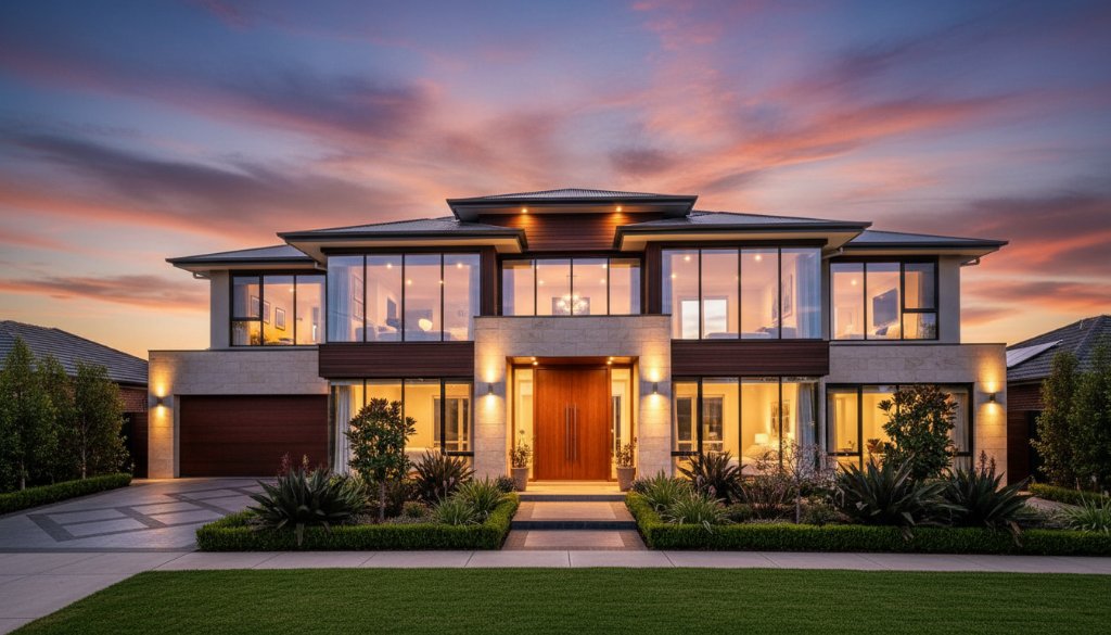 An epic, cinematic wide-angle photograph capturing the beautifully lit facade of a modern, multi-story family home in Doncaster East at twilight, showcasing its manicured garden and inviting glow, expertly highlighted by Doncaster East Premium Property Photography Services.
