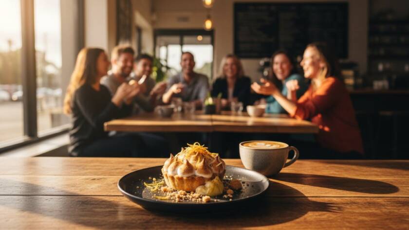 A dynamic, epic moment photograph of a local artisanal coffee product, dramatically lit in a bustling Doncaster East cafe, showcasing the rich textures and inviting atmosphere, perfect for Doncaster East product lifestyle photography Victoria campaigns.