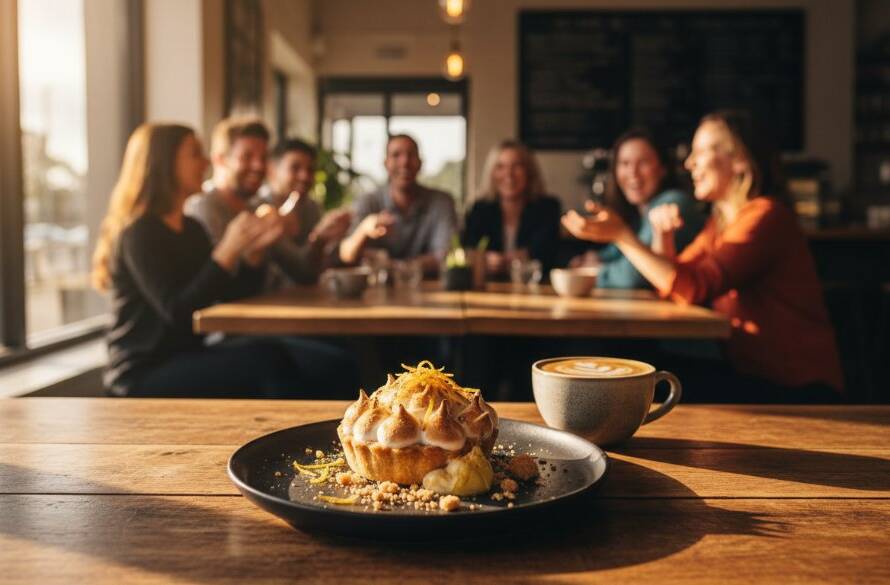 A dynamic, epic moment photograph of a local artisanal coffee product, dramatically lit in a bustling Doncaster East cafe, showcasing the rich textures and inviting atmosphere, perfect for Doncaster East product lifestyle photography Victoria campaigns.