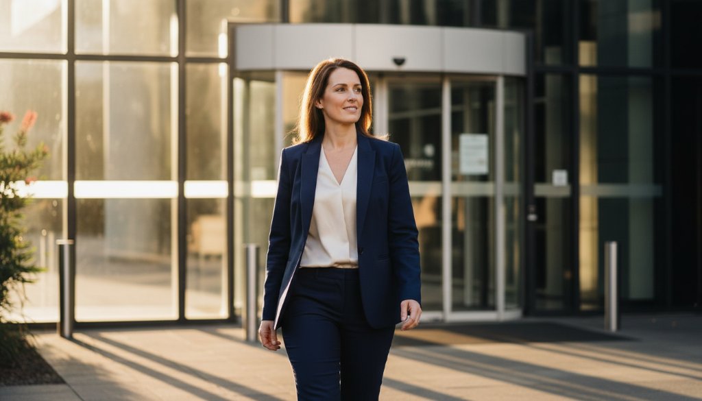 A confident and elegantly dressed professional, mid-laughter, in a modern, light-filled studio in Doncaster East, Victoria, with a soft-focused background, perfectly captured for Doncaster East professional headshots for career advancement.