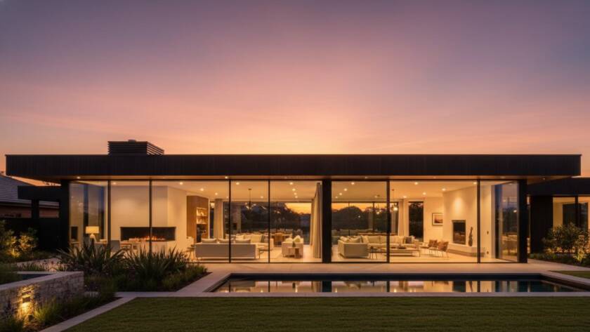 A wide-angle, 'golden hour' photograph of a modern, luxury home in Doncaster East, Victoria, showcasing a beautifully staged living area through large glass windows, with warm interior lighting contrasting the soft, fading daylight outside. The image captures the essence of Doncaster East Property Photography Boosting Sales, highlighting architectural elegance and inviting comfort.
