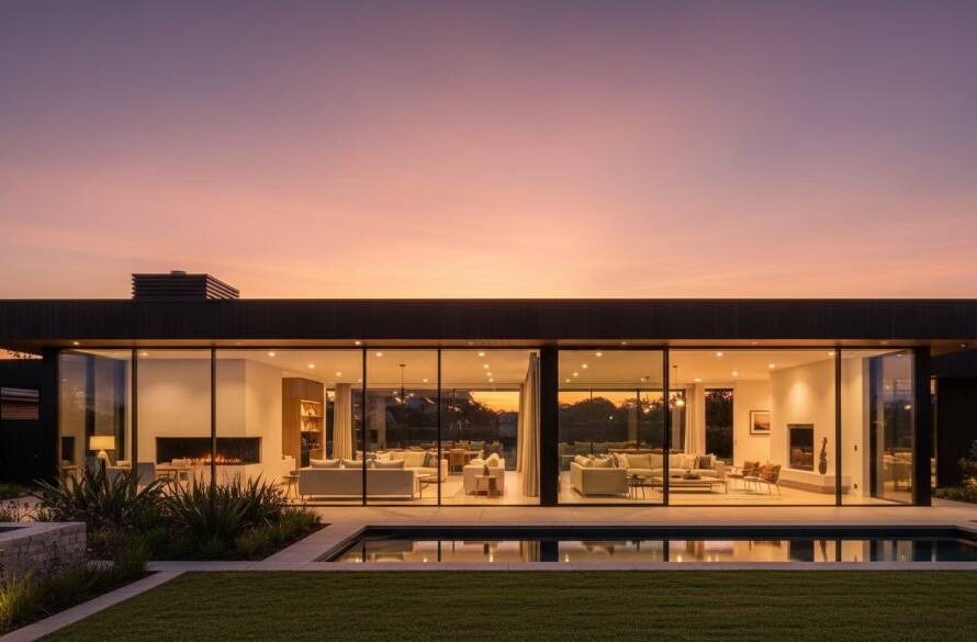 A wide-angle, 'golden hour' photograph of a modern, luxury home in Doncaster East, Victoria, showcasing a beautifully staged living area through large glass windows, with warm interior lighting contrasting the soft, fading daylight outside. The image captures the essence of Doncaster East Property Photography Boosting Sales, highlighting architectural elegance and inviting comfort.