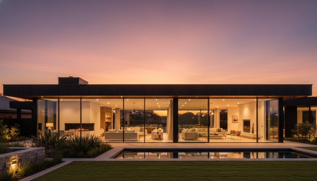A wide-angle, 'golden hour' photograph of a modern, luxury home in Doncaster East, Victoria, showcasing a beautifully staged living area through large glass windows, with warm interior lighting contrasting the soft, fading daylight outside. The image captures the essence of Doncaster East Property Photography Boosting Sales, highlighting architectural elegance and inviting comfort.