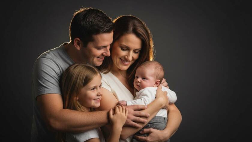 An emotionally powerful studio portrait capturing a family's joyous embrace, bathed in dramatic, soft light, showcasing the connection achieved through Doncaster East Studio Photography for Timeless Family Portraits.